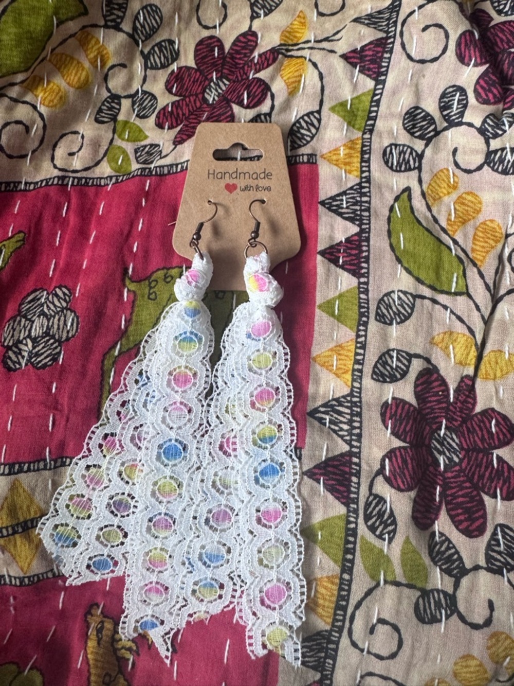 Handmade White Lace Dangle Earrings with Pastel Dots